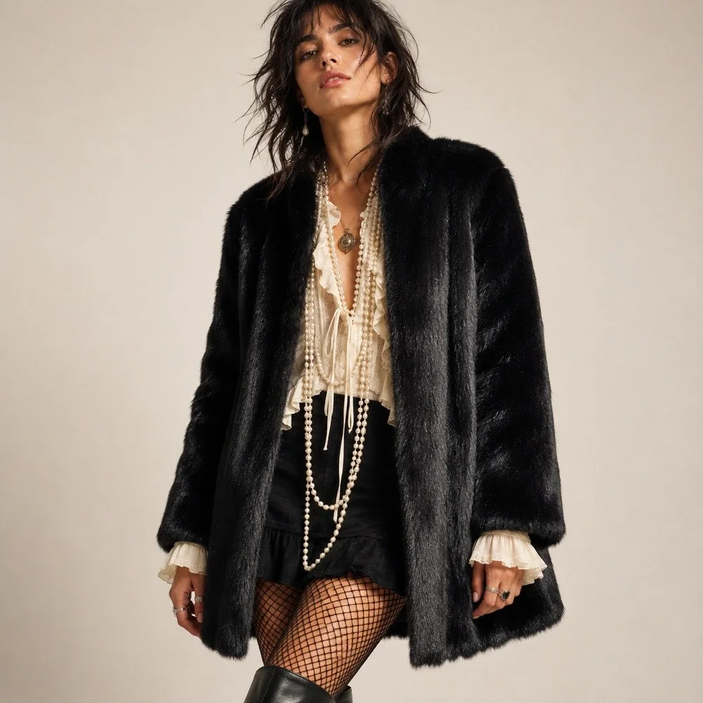 Vintage G-4000 Black Faux Fur Coat Made in USA Mob Wife Glam Small
